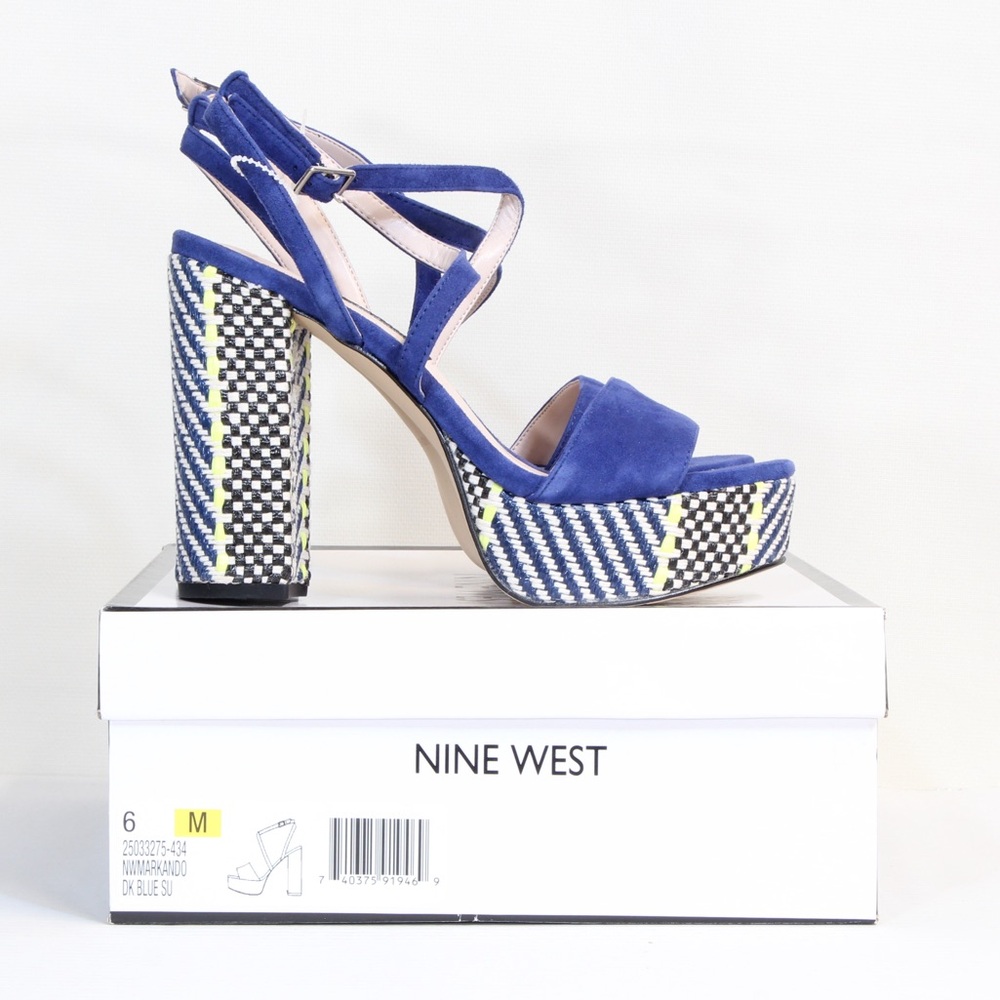 Nine West Womens' Markando Block Heel Dark Blue Yellow Suede Platform Sandal NWT